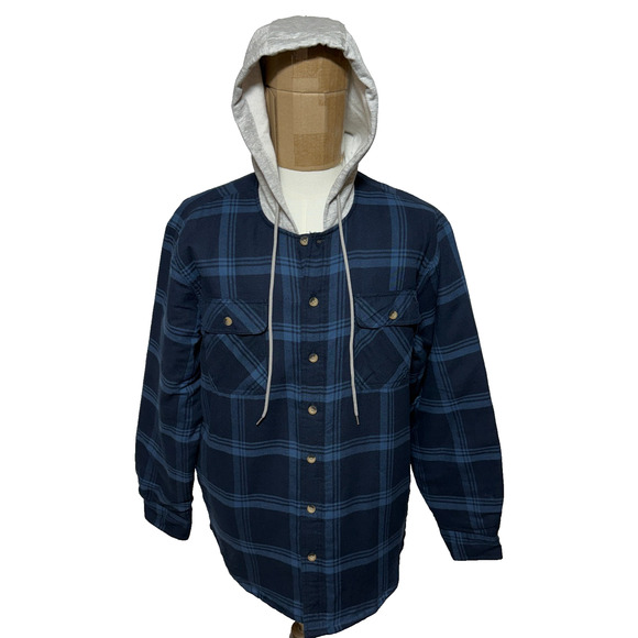 Wrangler Jacket Mens Large Blue Plaid Quilted Flannel Hooded Shacket Shirt NWT - Picture 1 of 12